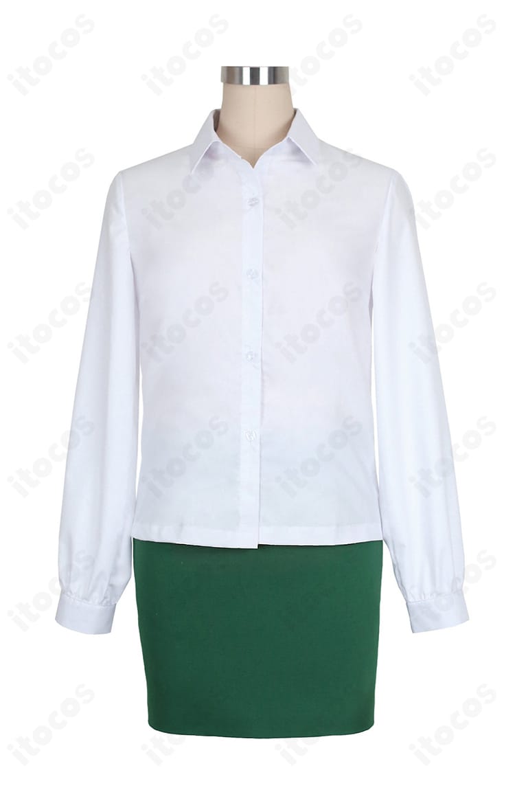 セットの白シャツ正面。襟元と前立てのディテールが見える画像