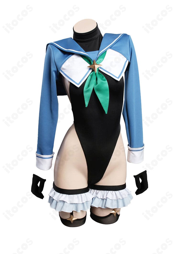 円堂シミコ〈マジカル〉コスプレ衣装の正面全体図（コートとレオタードの構成）