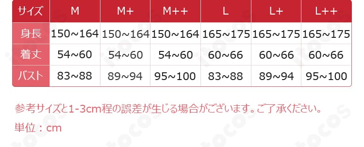 円堂シミコ〈マジカル〉コスプレ衣装のサイズ表とセット内容一覧画像