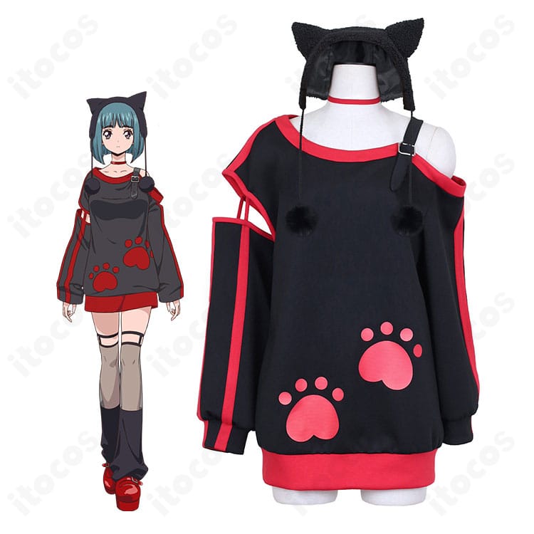 西園寺ユナの公式風ビジュアルと、パーカー・帽子・チョーカーを含むコスプレ衣装一式のイメージ