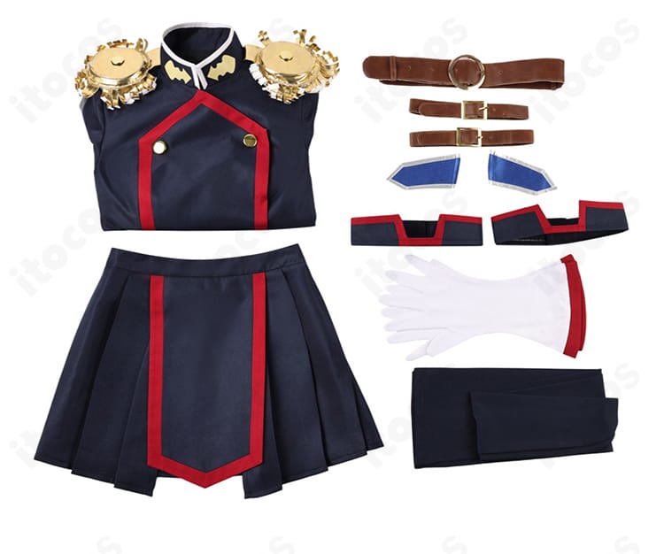 羽前京香 魔防隊制服セット内容（トップス・スカート・ベルト・手袋・靴下・太もも飾り・髪飾り）の展開図