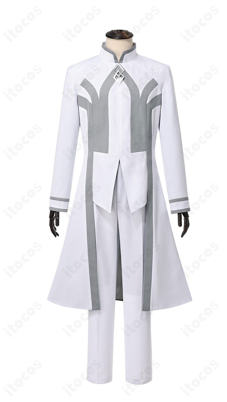 マリスビリー・アニムスフィア コスプレ衣装の正面全体。トップスとズボンのバランスとハリ感のある生地感を確認可能。