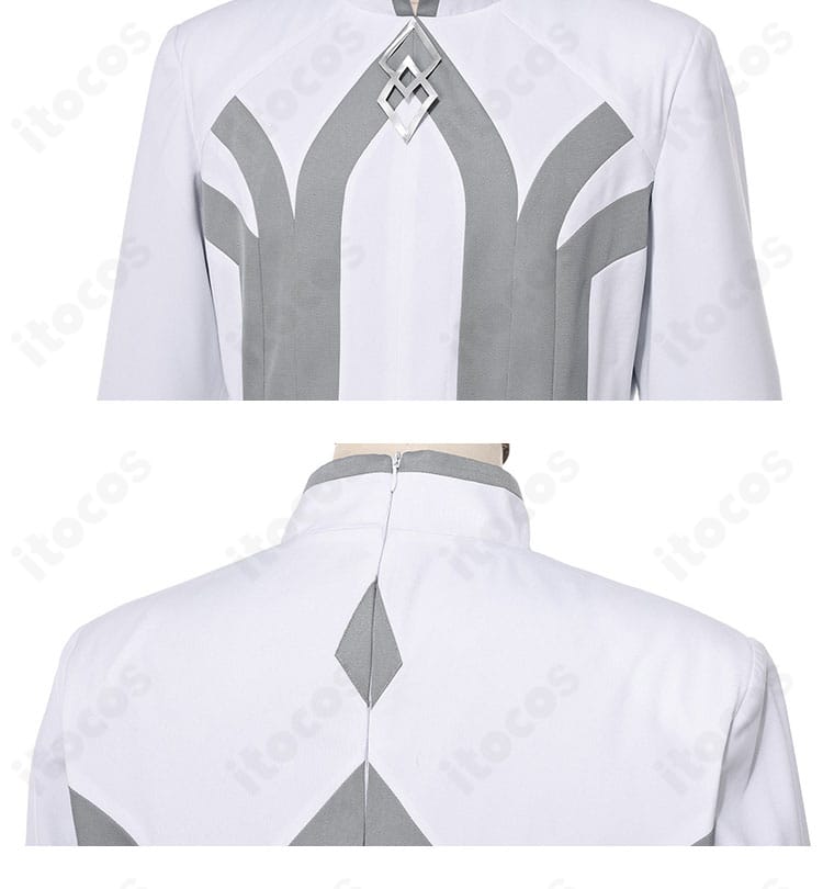 衣襟と背面ファスナーのディテール。縫製の整いと着脱しやすい仕様をクローズアップ。