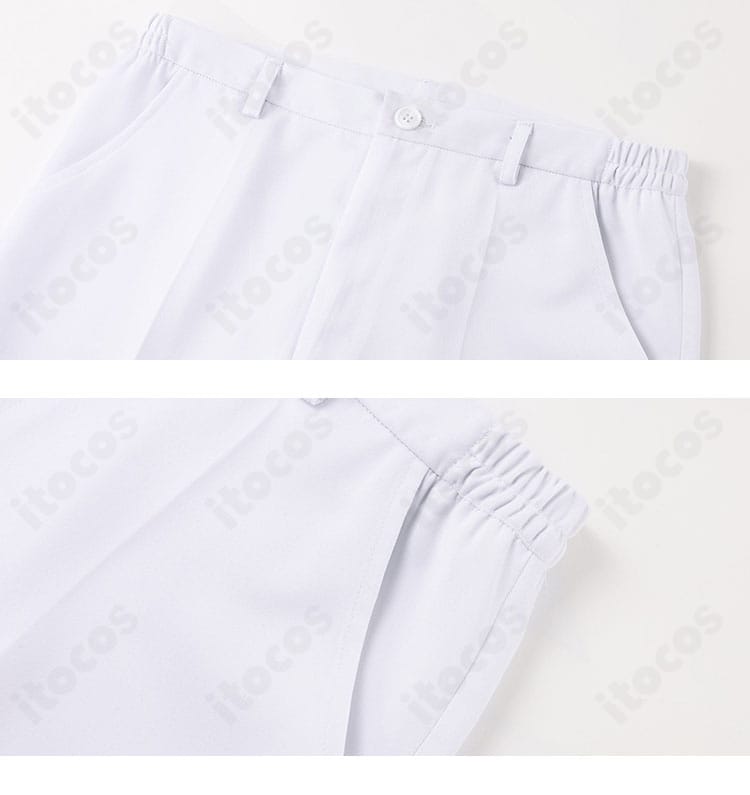 ズボンウエストの意匠と留め具のアップ。安定したフィットとキレイ見えを両立。