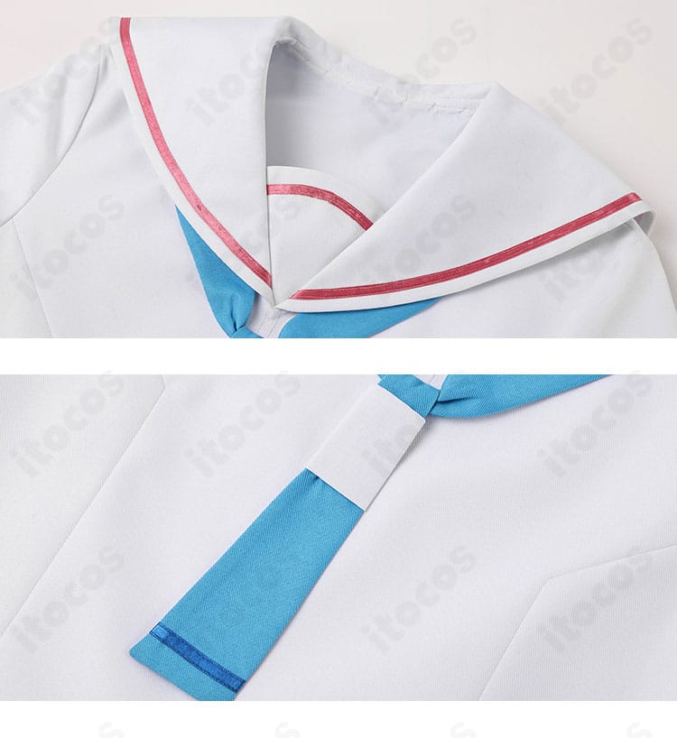 襟元のアップ。トップスのネックラインと生地の質感、縫い合わせの美しさを表現