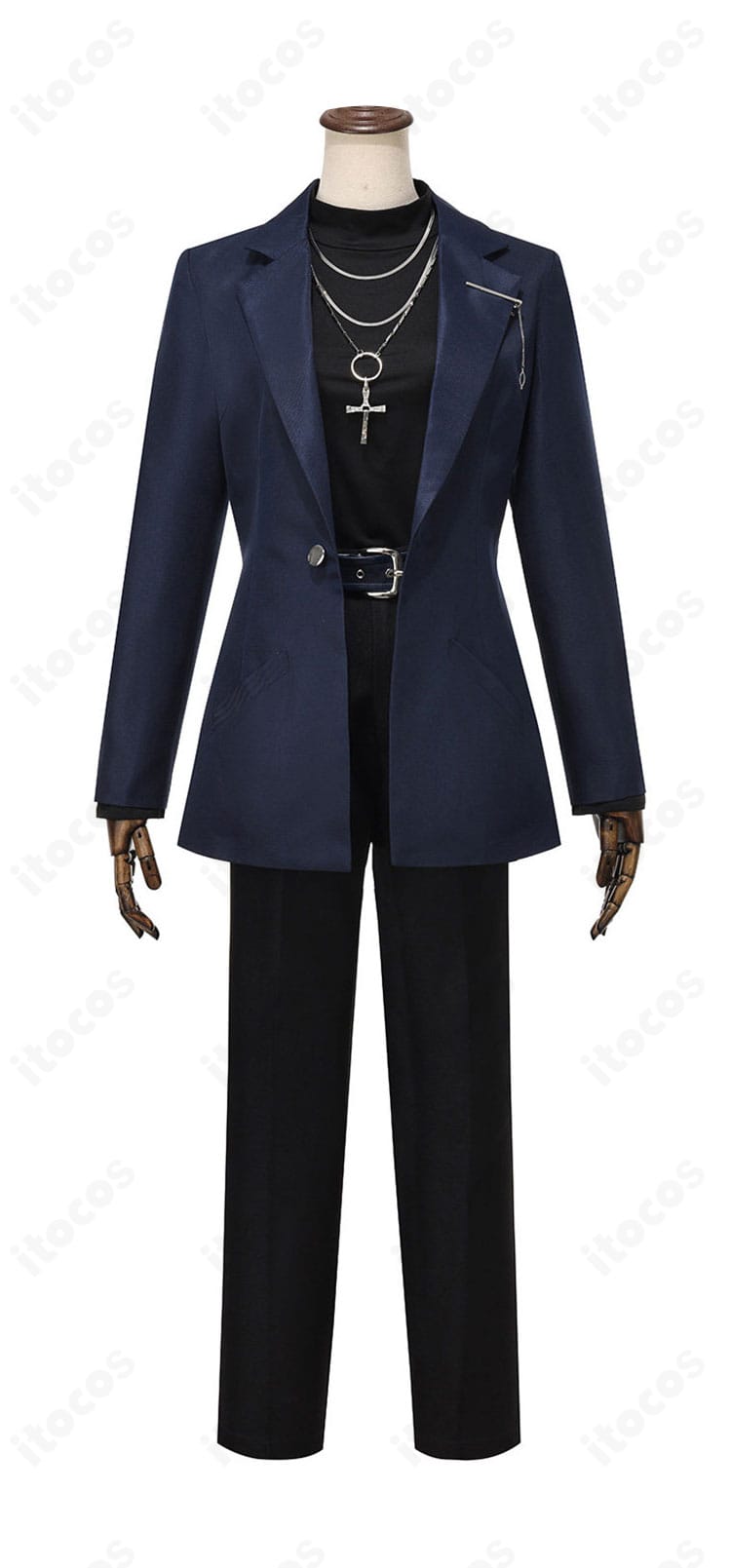 ロングコート衣装の正面全体。コートとインナー、ベルトのレイアウトが分かるフロントビュー