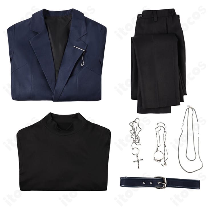 セット内容一式のレイアウト。コート、インナー、ズボン、ベルト、ネックレス、腰チェーンの6点が並ぶ画像