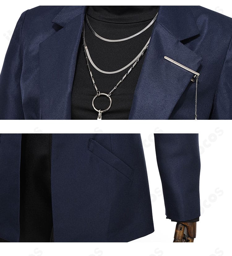 衣領と装飾のアップ。襟元の端処理とネックアクセの質感・留め具が確認できる画像