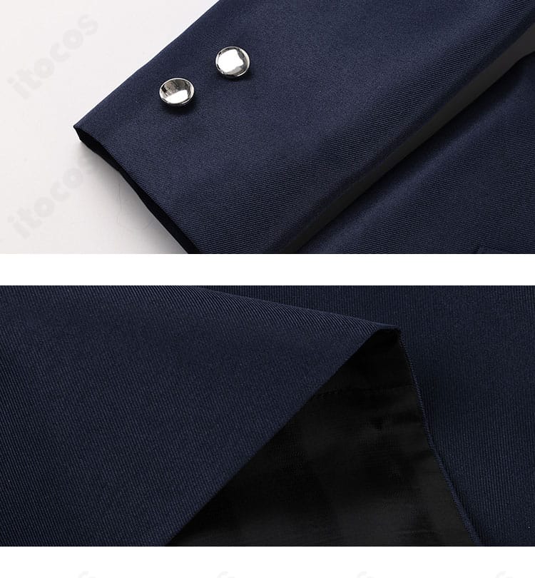 袖口ボタンのディテール。ボタンの意匠と縫い付け強度、間隔が確認できるカット