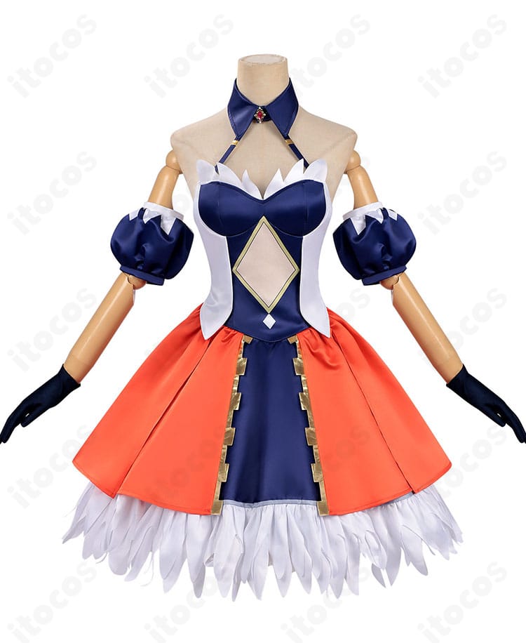 アルヴィト衣装のワンピース正面。高発色ツイルと装飾のレイアウトが分かる全体像