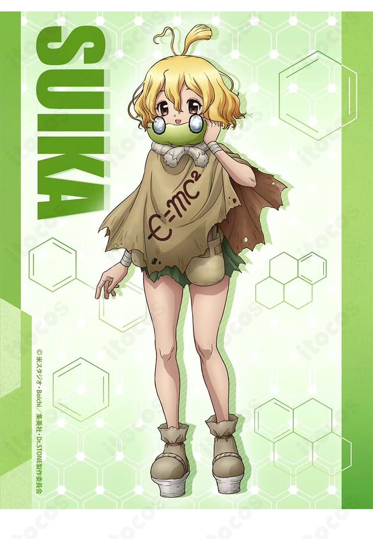 ドクターストーン スイカ 7年後衣装の正面ディテール。薄手で通気性の良い生地感とはだけにくい構造が見えるクローズアップ