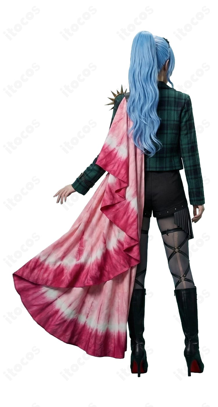 星街すいせい 綺麗事衣装の背面。コートの後ろ姿、ベルトや裾のライン、髪飾りの見え方を確認できる画像。