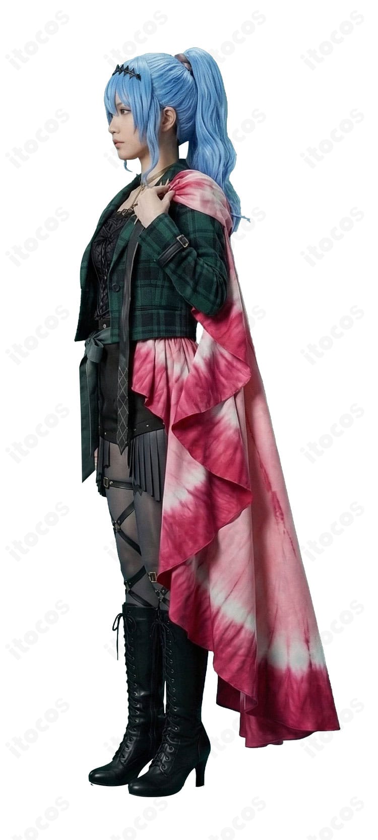 星街すいせい 綺麗事衣装の左側ディテール。チェック生地の質感、レザー装飾、ネックレスとリボンの配置をクローズアップ。