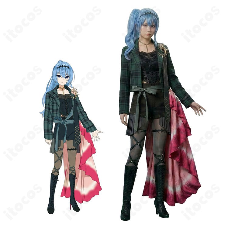 星街すいせい 綺麗事 ライブ新衣装コスプレ一式のイメージ。チェック生地とアクセが映えるセット内容を俯瞰で紹介。