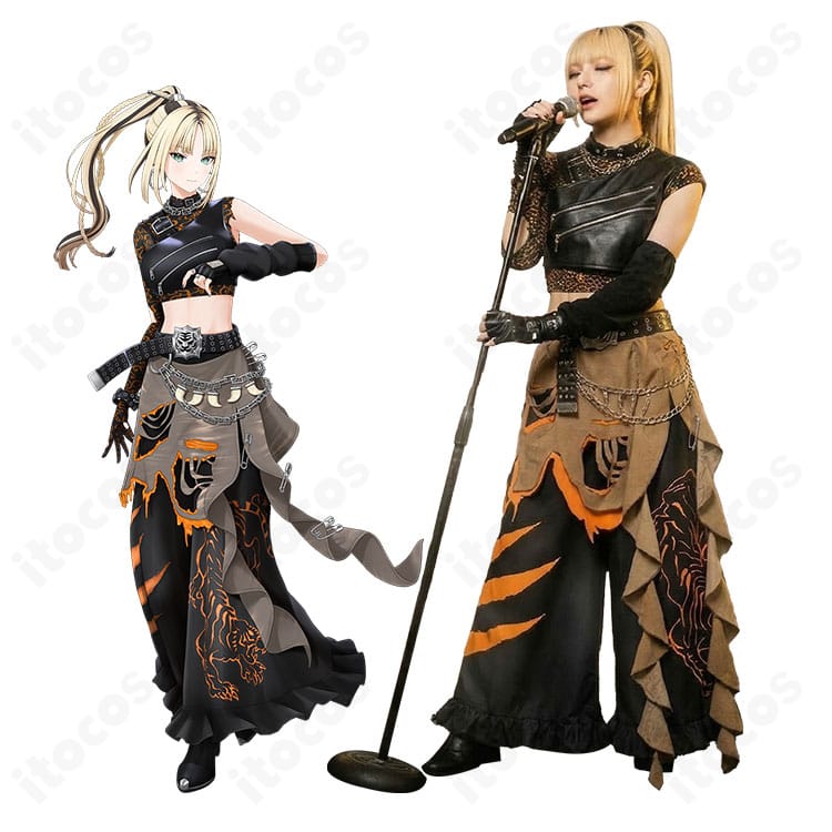 ホロライブ系VTuberステージ衣装を着用した全身イメージ。レザーベストとアクセでクール＆セクシーに再現