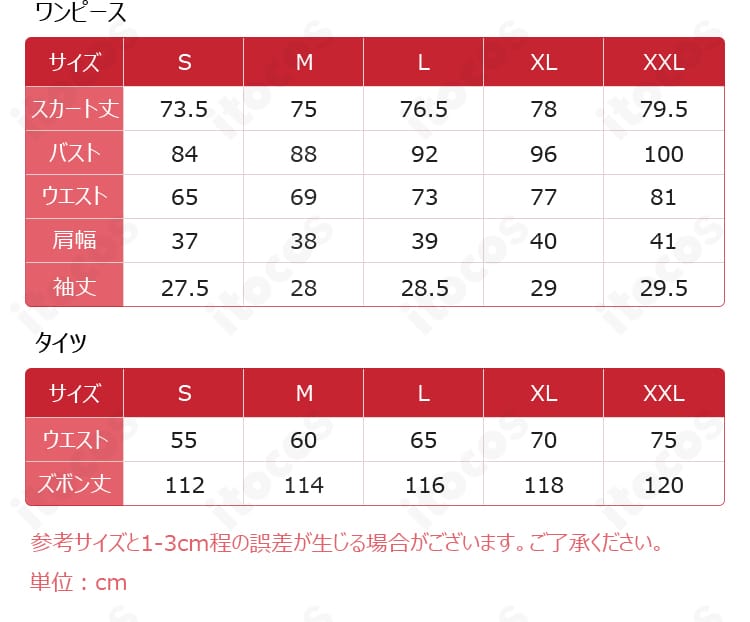 サイズ表と各部位寸法ガイド（S〜XXL）の一覧画像