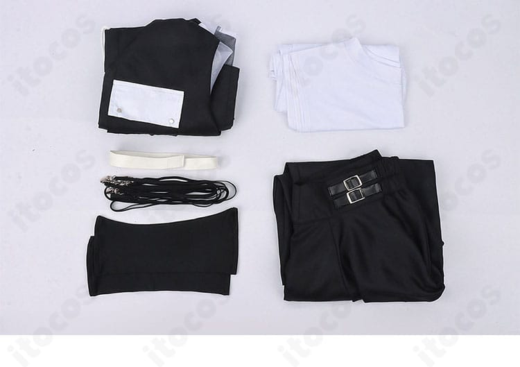 ジャケット、インナー、ズボン、サスペンダー、チョーカー、手袋のセット内容一式を並べた画像