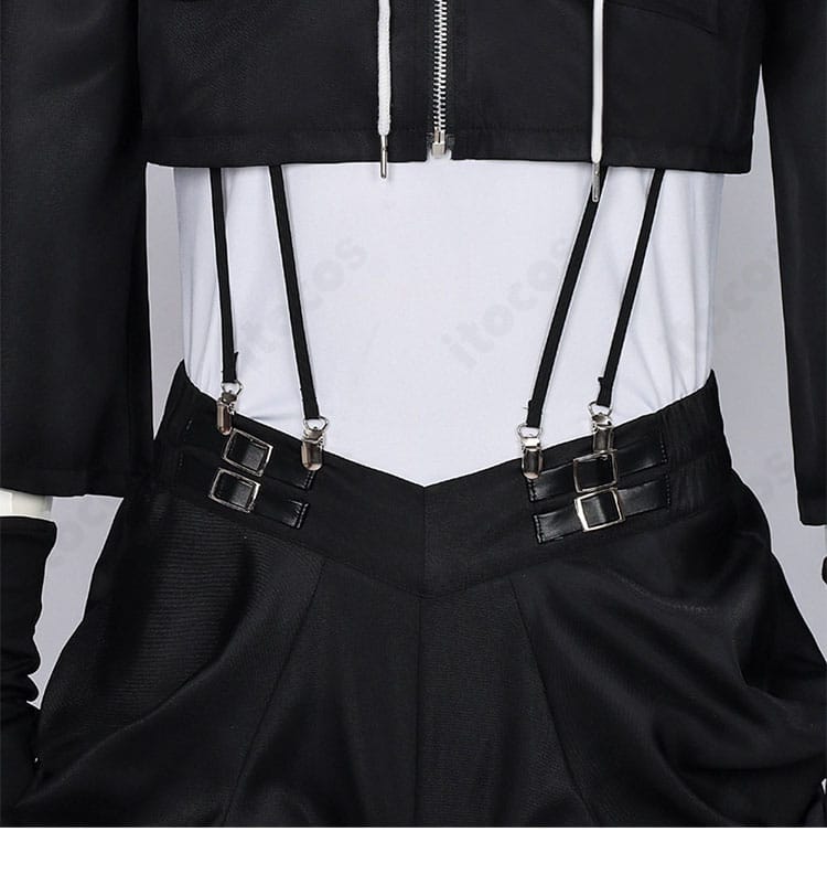 ウエスト周りのサスペンダー固定と装飾ディテールが分かる画像