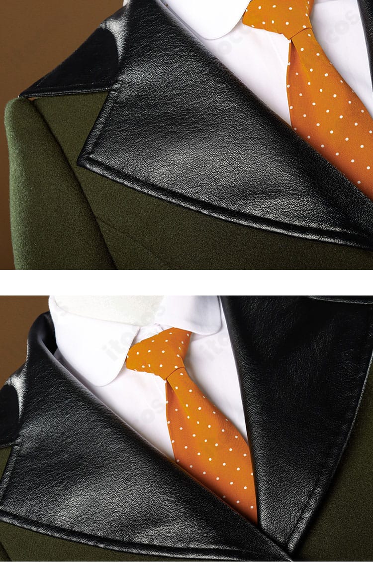 襟元の飾りとネクタイの質感・ステッチを写したクローズアップ