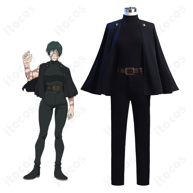 呪術廻戦 禪院真希 死滅回游編コスプレ一式の着用イメージ。マントと黒系戦闘服の全身コーデを再現