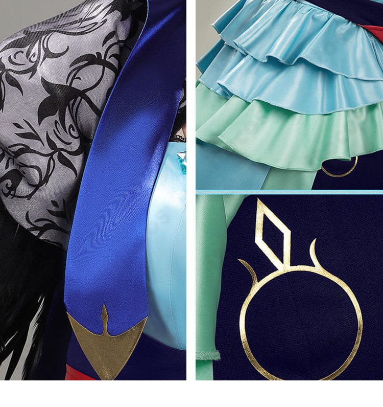 スカート風腰布と飾りのディテール。ヘムのステッチと装飾パーツの配置が分かる接写