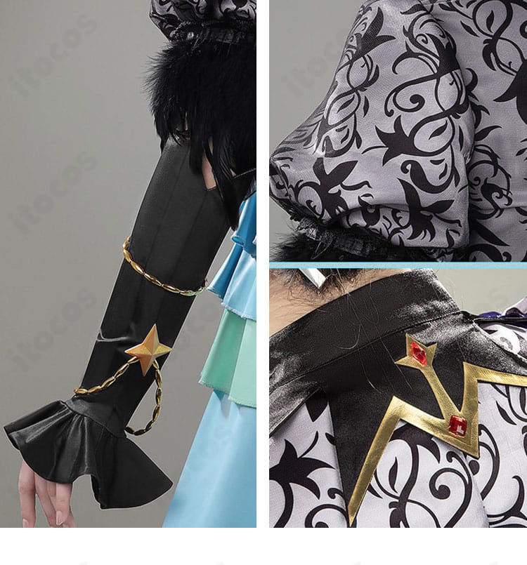 肩飾り・袖口・背肩部分の装飾ディテール。立体モチーフの固定方法が分かる接写