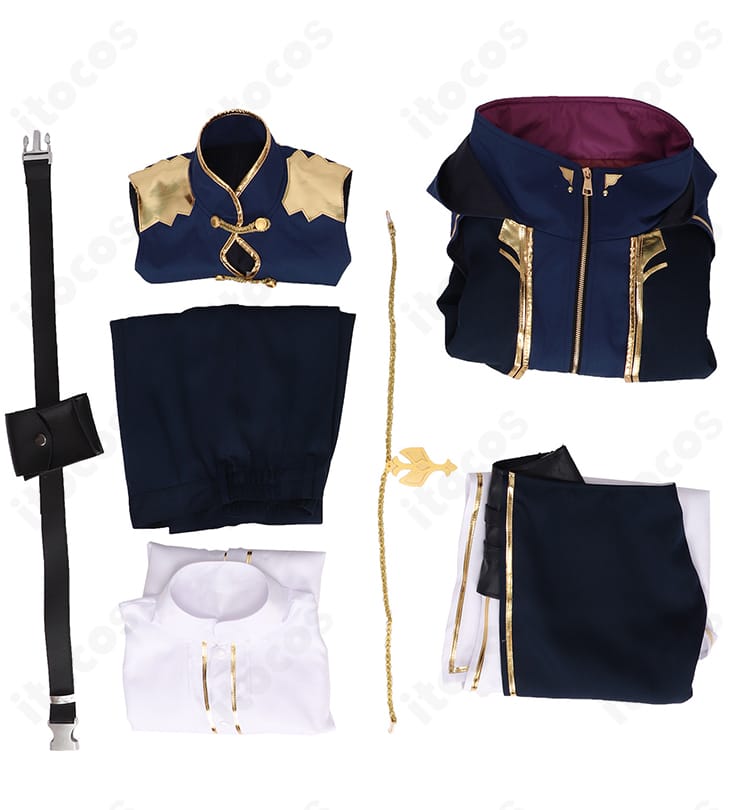 佐伯イッテツ 共通衣装のセット内容。コート、インナー、ズボン、腰布、ベルト、太もも飾りを並べた構成。