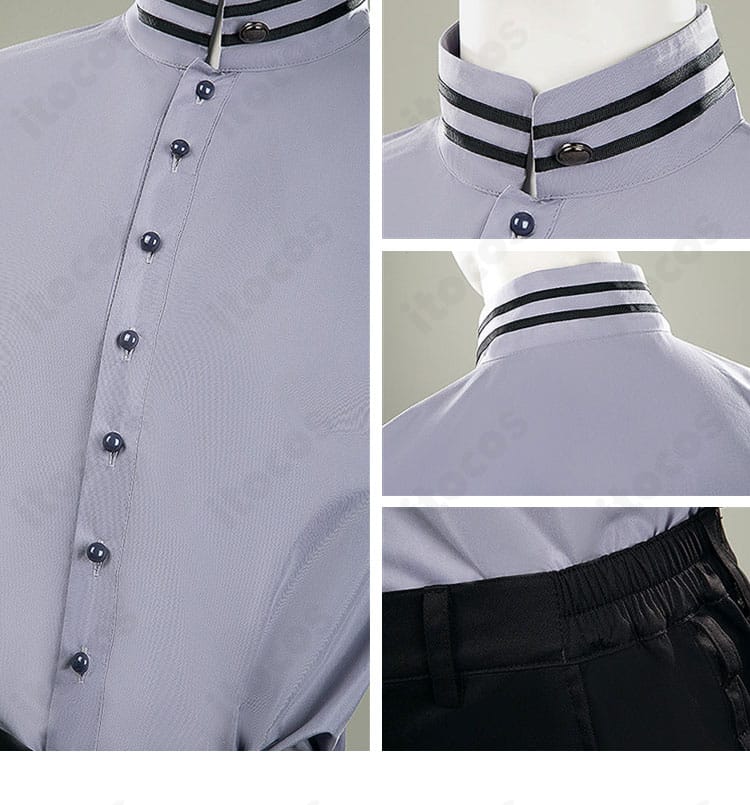 シャツの襟元と前立てボタン配置のアップ