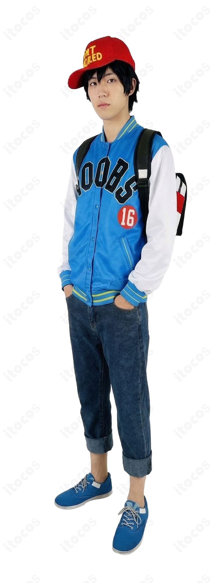 ペルソナ5 織田信也 私服コスプレ衣装の側面シルエット(スタジャン・パンツ・帽子)