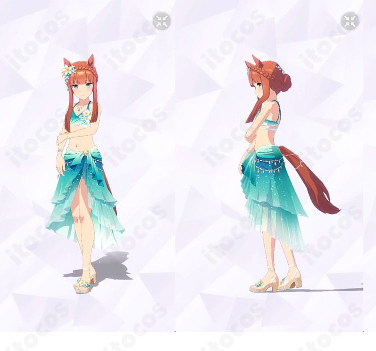 サイレンススズカ「波間のエメラルド」水着コスプレの正面・左側ディテール（ITOCOS製、爽やかな配色と軽量設計）