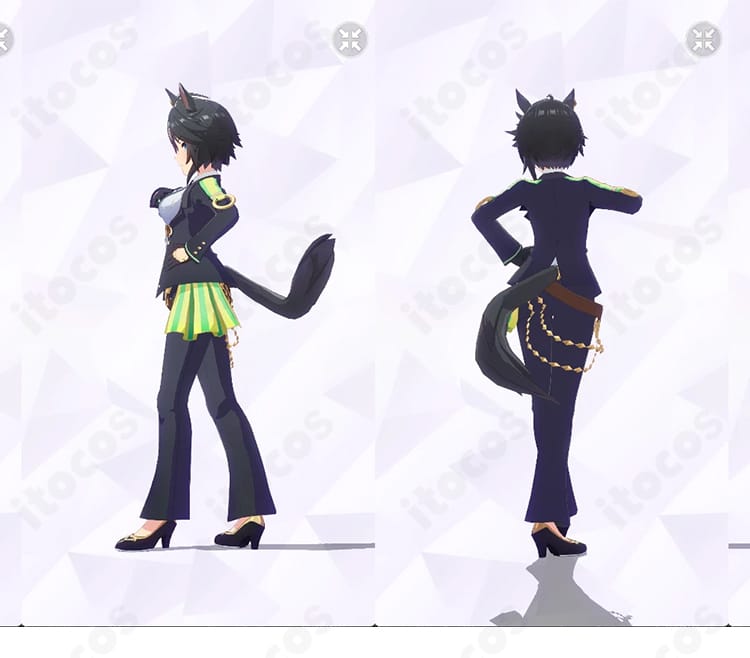 フジキセキ 勝負服「シューティンスタァ・ルヴュ」背面と右側の全身写真。落ち着いた色味とラインの再現度を示す。