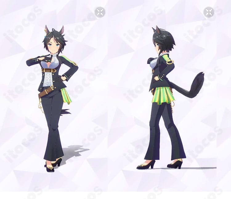 フジキセキ 勝負服「シューティンスタァ・ルヴュ」正面と左側の全身写真。上品でクールな美シルエットを強調。