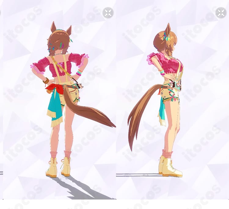 タイキシャトル「Bubblegum☆Memories」勝負服コスプレ衣装の背面と右側面。背面のライン取りと装飾配置、通気性のある素材感が確認できる商品画像