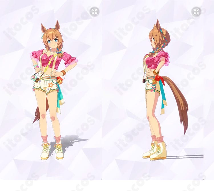 タイキシャトル「Bubblegum☆Memories」勝負服コスプレ衣装の正面と左側面。高コントラスト配色と薄手生地の軽やかなシルエットが分かる商品画像