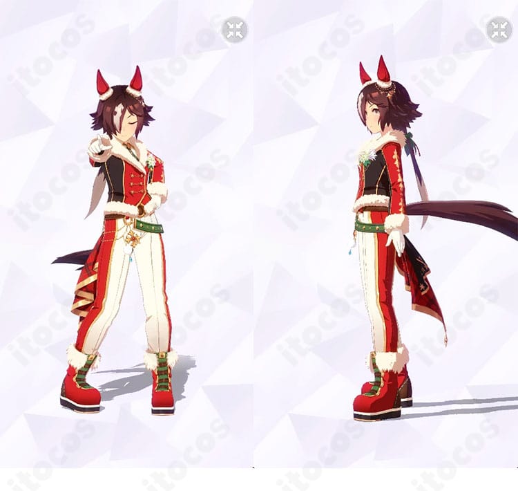 ウマ娘 プリティーダービー ウオッカ 不凍のアクア・ウィタエ 勝負服の正面と左側面、配色とシルエットが分かる商品写真