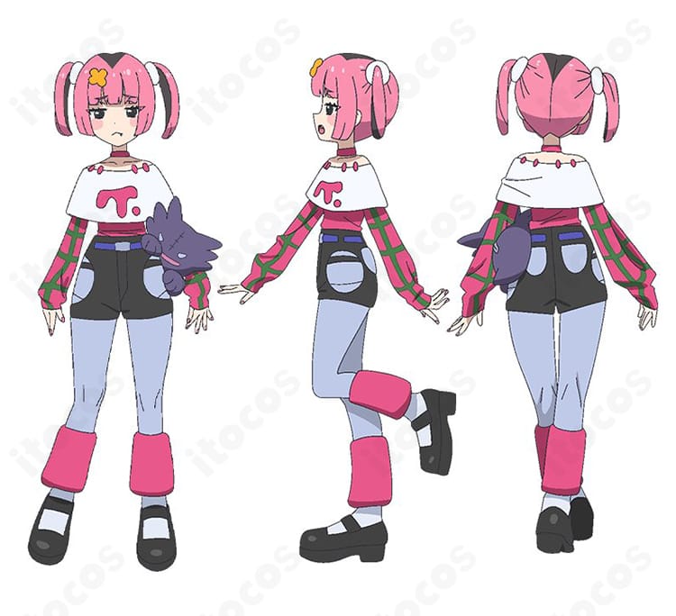 ポケットモンスター 学園制服風コスプレ衣装の全体ディテール。薄手生地の通気性、上品シルエット、付属品固定仕様が分かる正面・縫製アップを含む商品画像