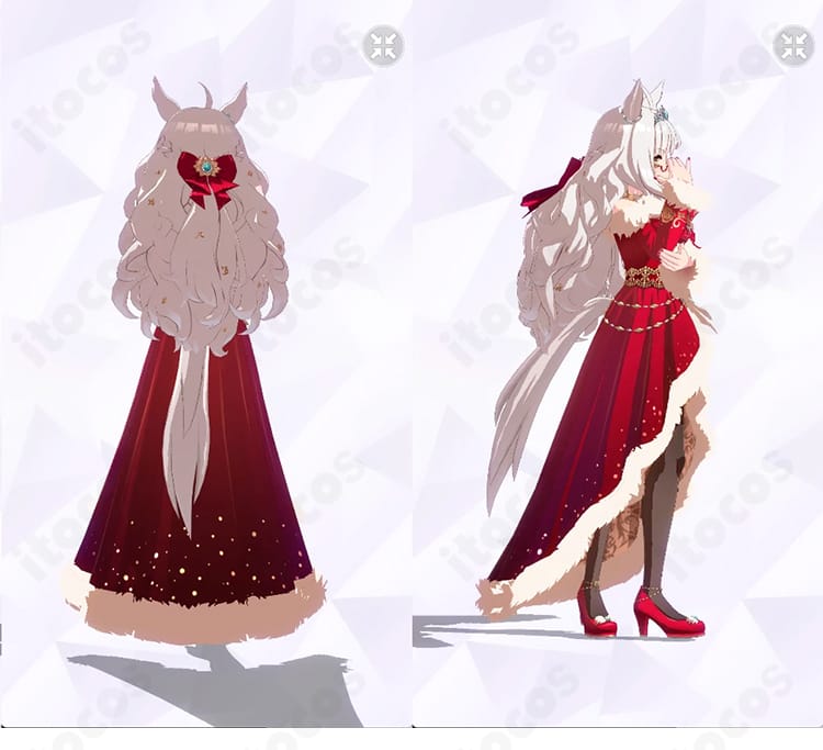 ビワハヤヒデ クリスマス勝負服『ノエルージュ・キャロル』の背面全身と右側ディテール。背面ファスナー構造、腰飾りの取り付け位置、裾ラインと靴下のデザインを示す画像。