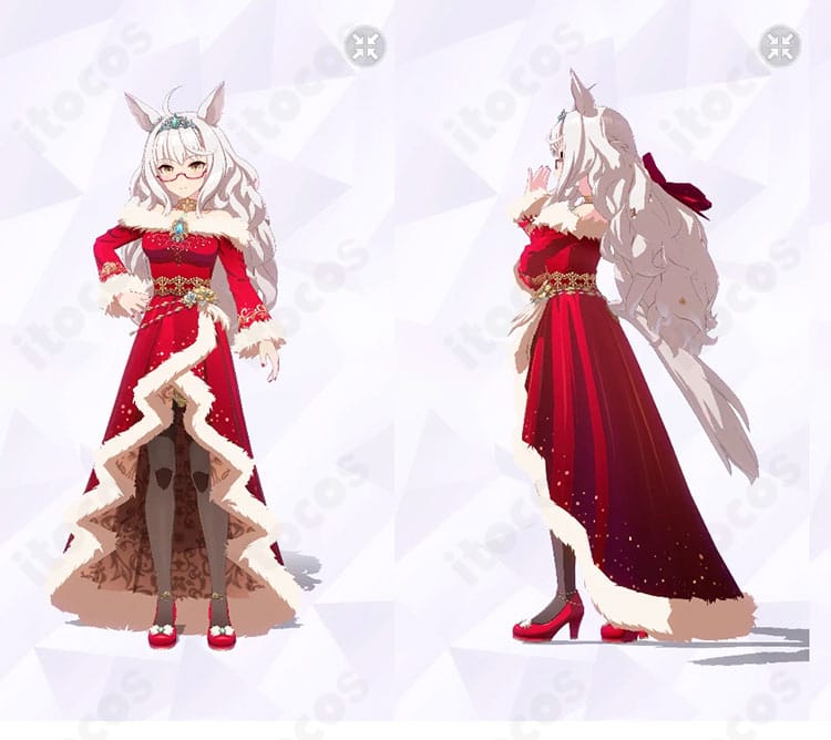 ビワハヤヒデ クリスマス勝負服『ノエルージュ・キャロル』の正面全身と左側ディテール。赤×白の高コントラスト配色と胸元装飾、首飾りの質感がわかる画像。