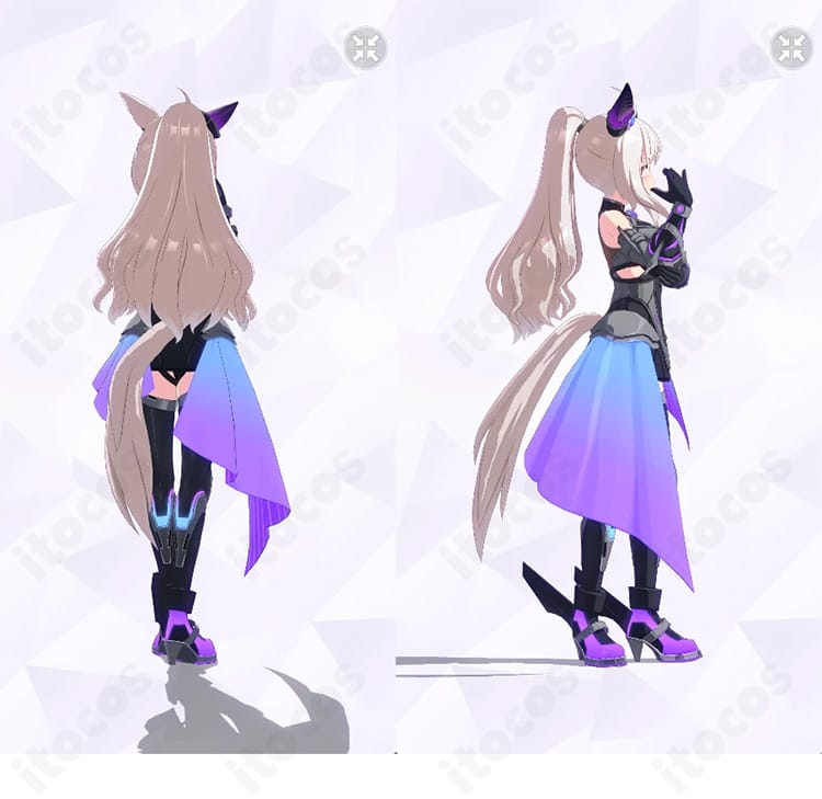 ビワハヤヒデ Engineered Victory 勝負服コスプレ衣装の背面と右側ディテール。背面パネルラインと装飾固定の仕立て、動きに映える輪郭を強調。