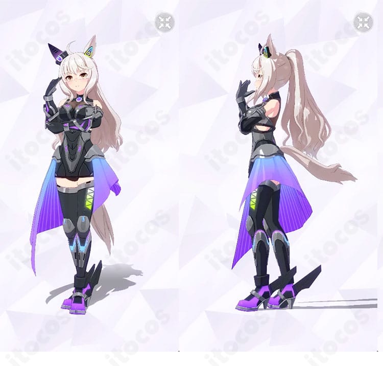 ビワハヤヒデ Engineered Victory 勝負服コスプレ衣装の正面と左側ディテール。配色ラインとハリのある生地感、スマートなシルエットが分かる構図。