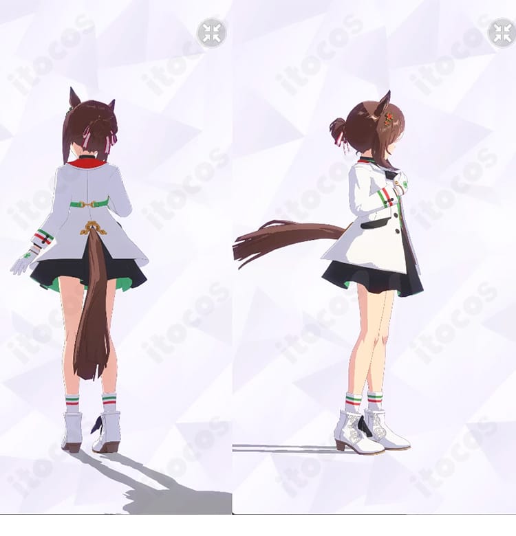 ファインモーション Noble Seamair 勝負服コスプレ衣装の背面・右側アングル。背面ラインと着脱用ファスナー位置、手袋・靴下のコーデが分かる全身画像。