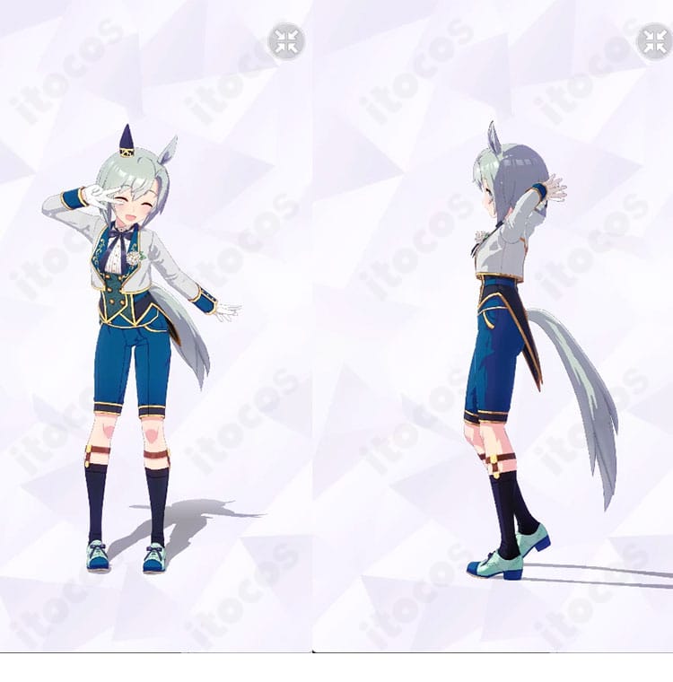 セイウンスカイ 勝負服「ソワレ・ド・シャトン」コスプレ衣装の正面・左側面。コートとコルセットベルト、リボンのディテールが分かる全身画像