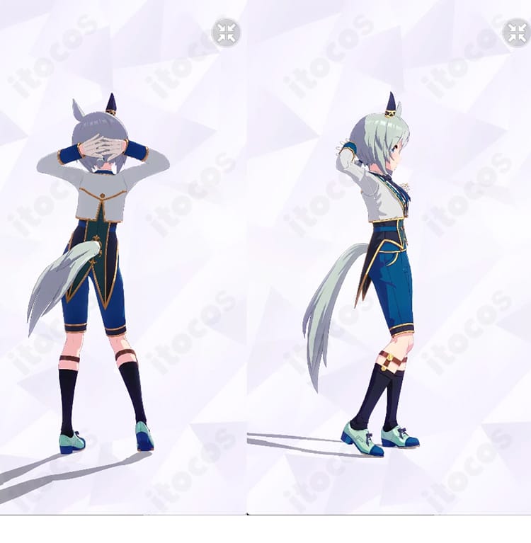 セイウンスカイ 勝負服「ソワレ・ド・シャトン」コスプレ衣装の背面・右側面。コートのシルエットとショートパンツ、ソックスガーターの構成が分かる画像