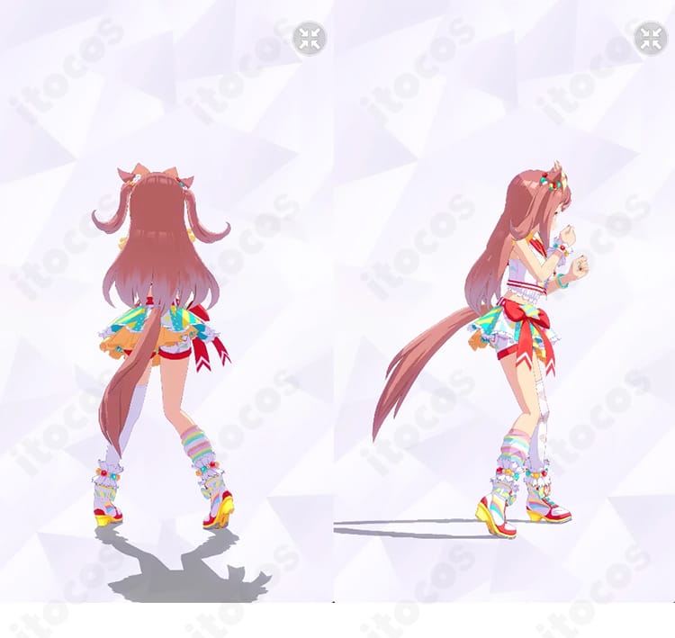 アグネスデジタル 勝負服コスプレの背面と右側面。背中のシルエット、ベルトやレッグカバー、足首飾りの配置がわかるディテール重視カット。