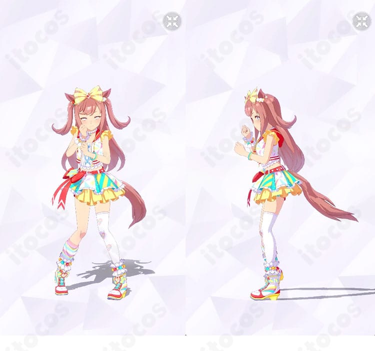 アグネスデジタル 勝負服コスプレの正面と左側面。トップスとスカートのライン、髪飾り・ネックレス・腰飾りまで確認できる全身カット。