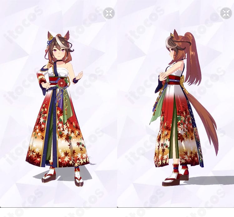 シンボリルドルフ『皓月の弓取り 勝負服』コスプレ衣装の正面と左側面。ハリ感のあるトップスとスカート、コルセットベルト、包帯と足首飾りのディテールが分かる全身カット。