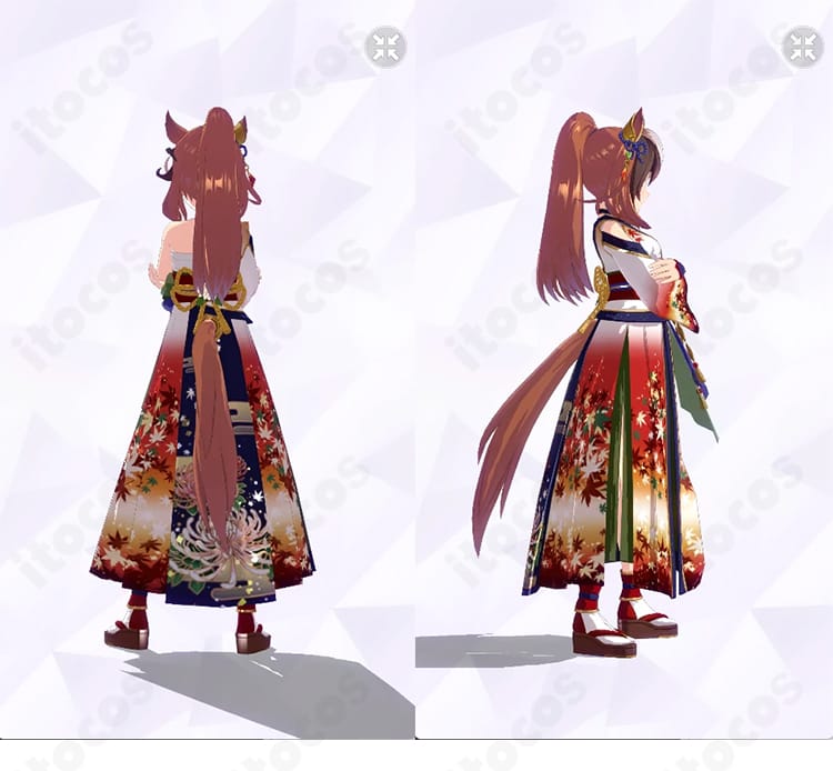 シンボリルドルフ『皓月の弓取り 勝負服』コスプレ衣装の背面と右側面。背面ラインの美しいシルエット、はだけにくい補強仕様、ショートパンツの安心感が伝わる角度。