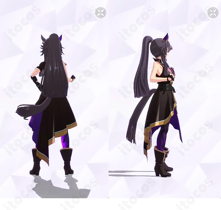 ナリタブライアン［餓狼］勝負服コスプレ衣装の背面と右側面。背面の留め具構成と腰布の落ち感、腕ベルト・手袋のディテールが分かる構図。