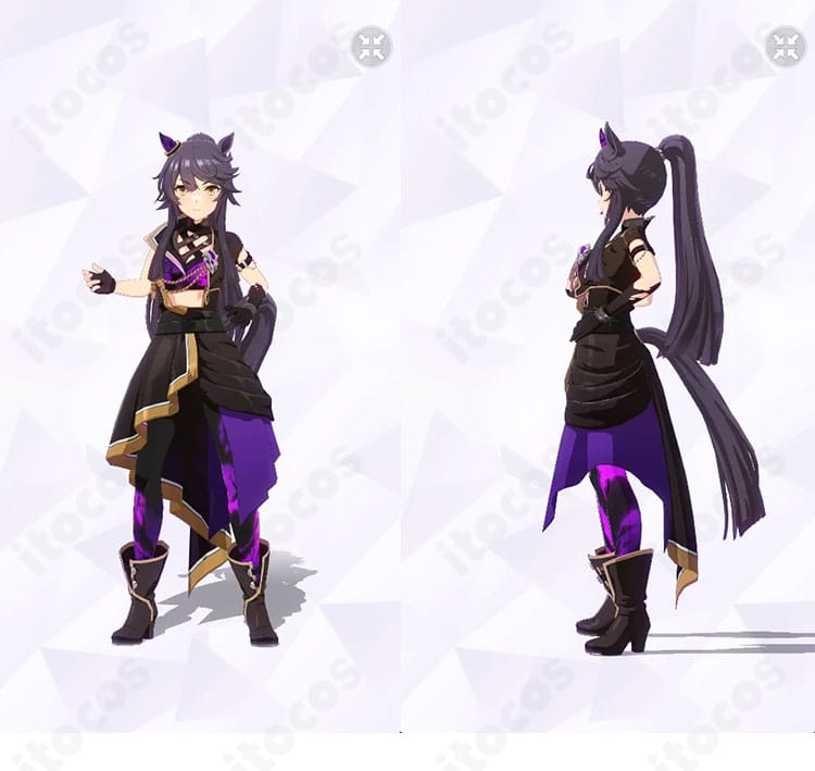 ナリタブライアン［餓狼］勝負服コスプレ衣装の正面と左側面。ビスチェ・コルセットベルト・腰布の重なりと胸飾りの配置が分かる構図。