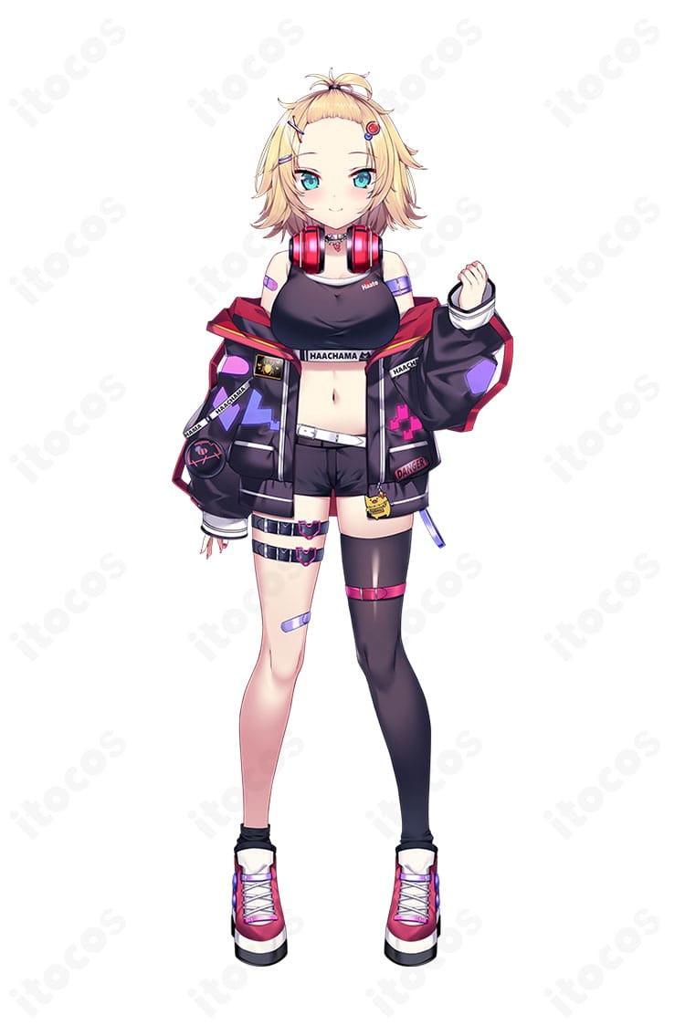 赤井はあと(はあちゃま)のコスプレ衣装を全身で写した商品イメージ。コートとビスチェ、ショートパンツ、各種ベルトのシルエットが分かる正面カット。